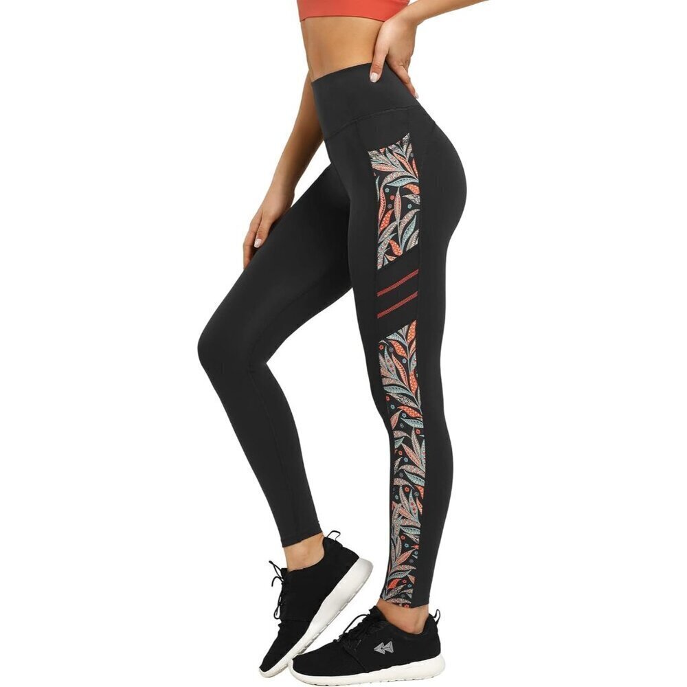 🆕Women Orange Printed Polyester High-Waisted Tummy Control  Pants with Pocket